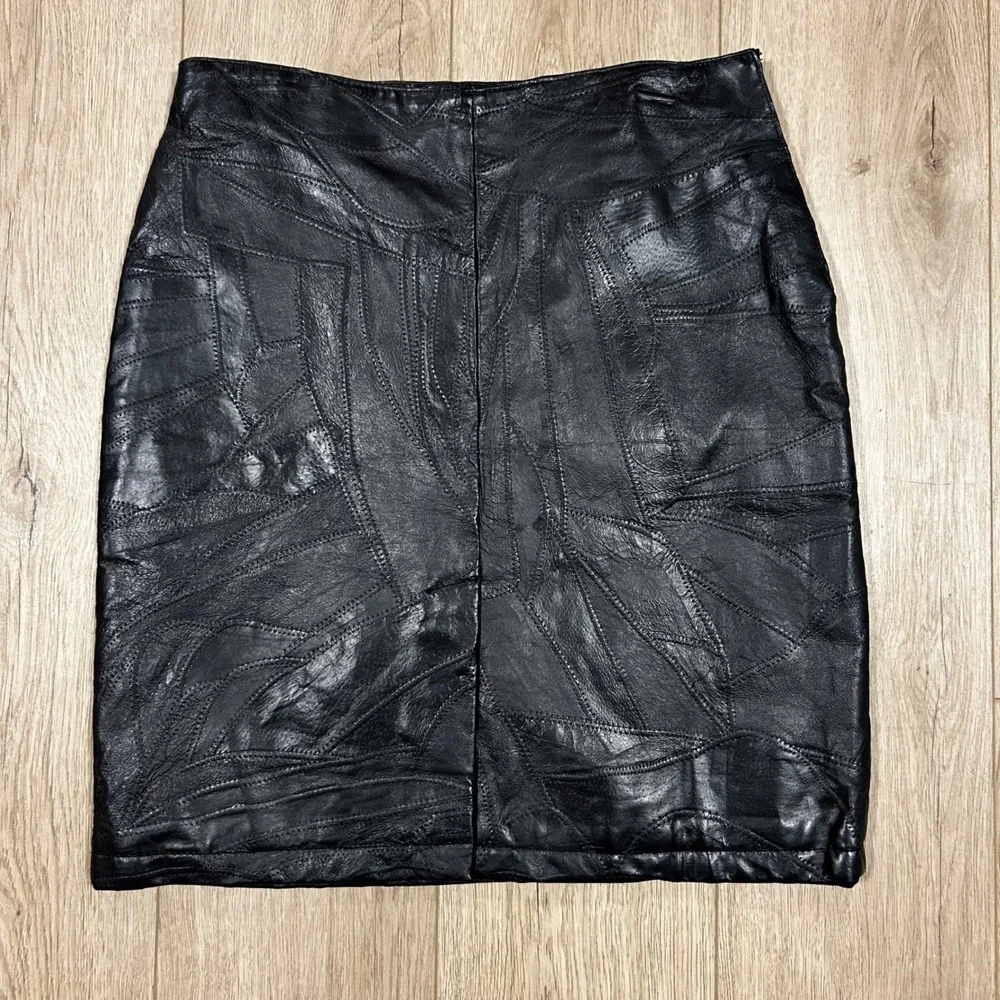 Leather Soul Black Patchwork Genuine Leather Mini Skirt High Waisted Vintage